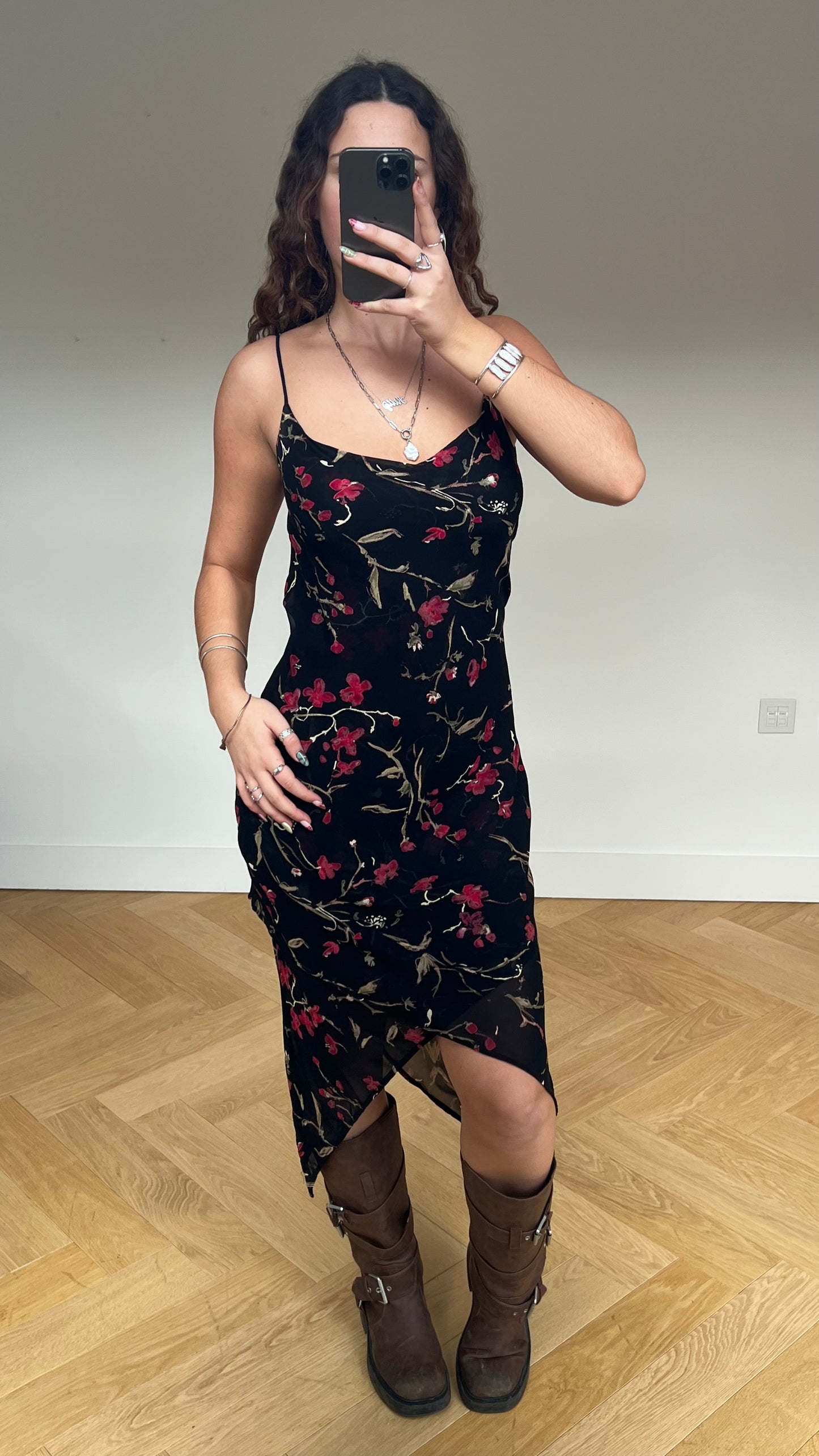 00s black floral mesh midi dress- size S