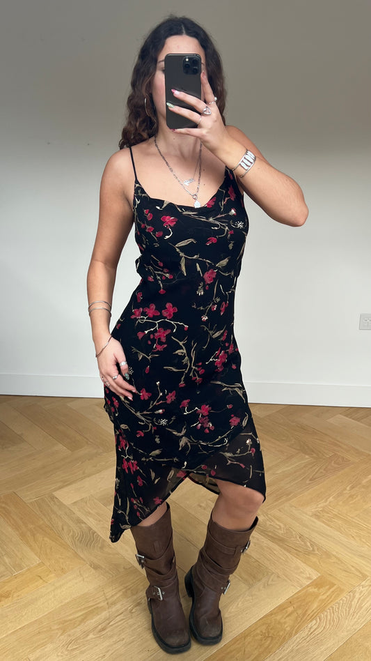 00s black floral mesh midi dress- size S