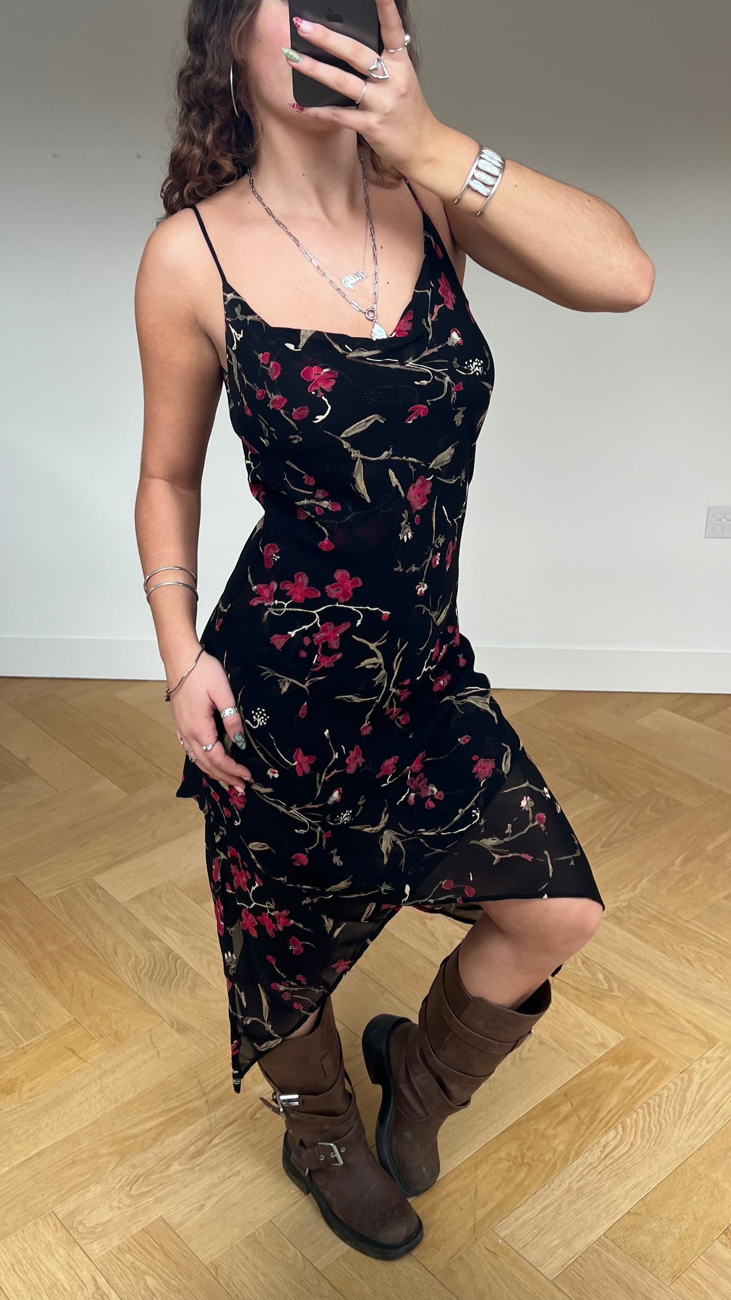 00s black floral mesh midi dress- size S