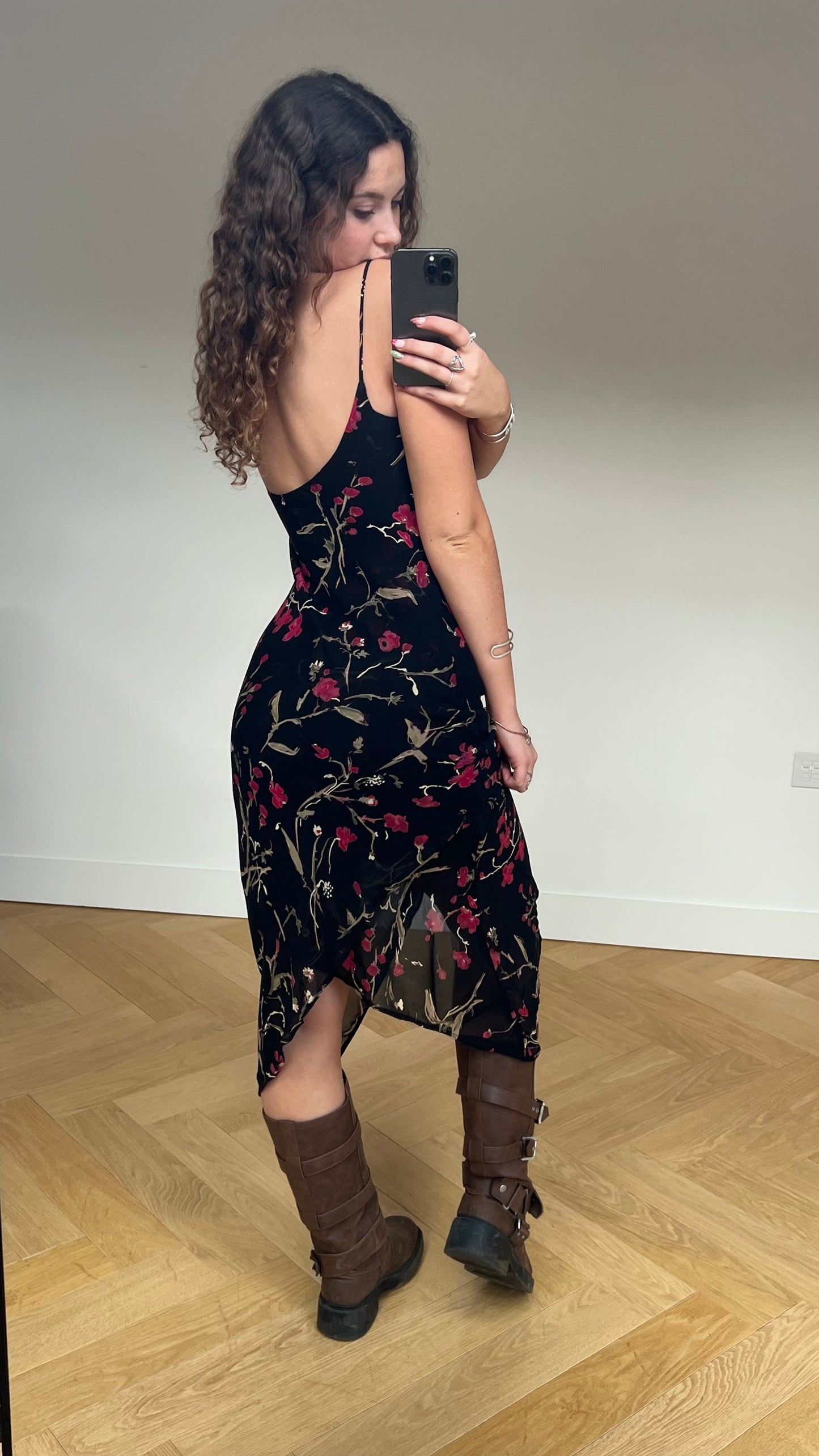 00s black floral mesh midi dress- size S