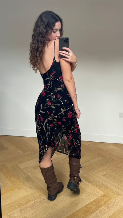 00s black floral mesh midi dress- size S
