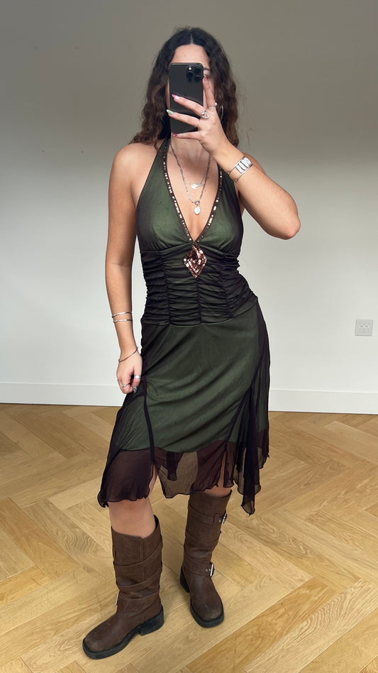 00s green mesh midi dress- size M