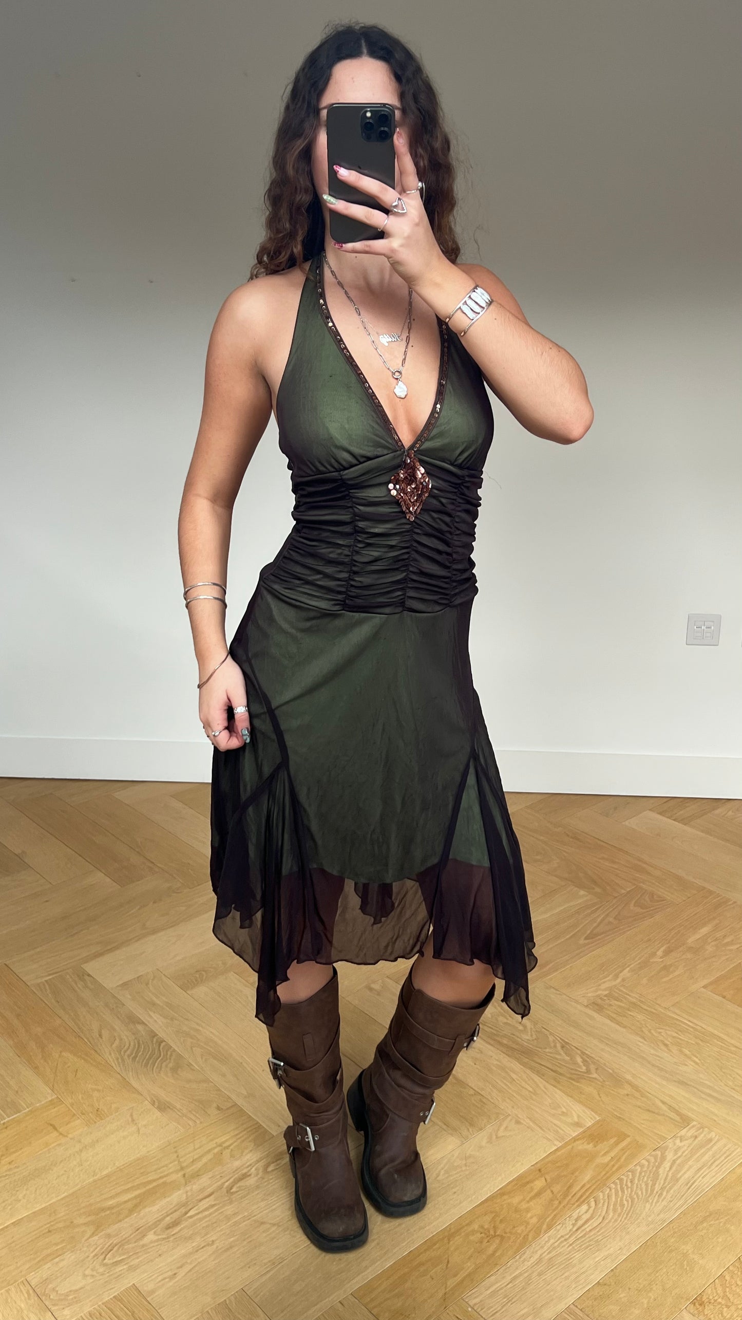 00s green mesh midi dress- size M