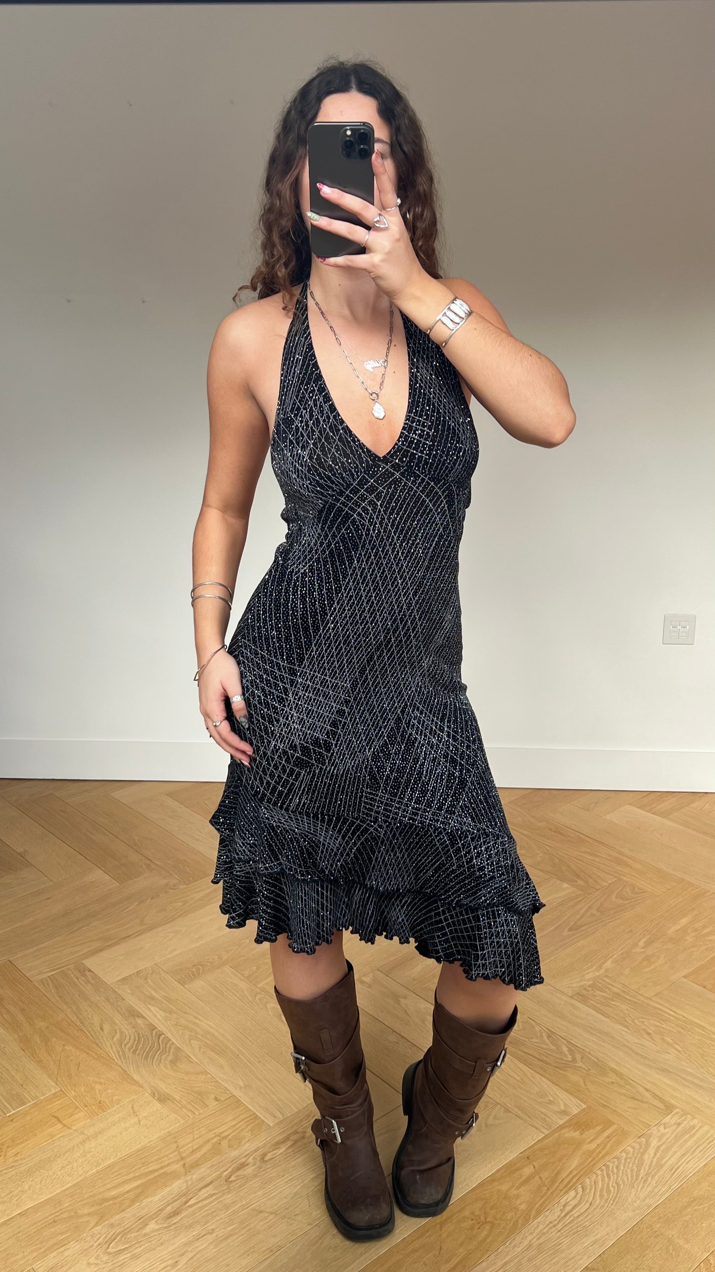 00s black glitter midi dress- size S/M