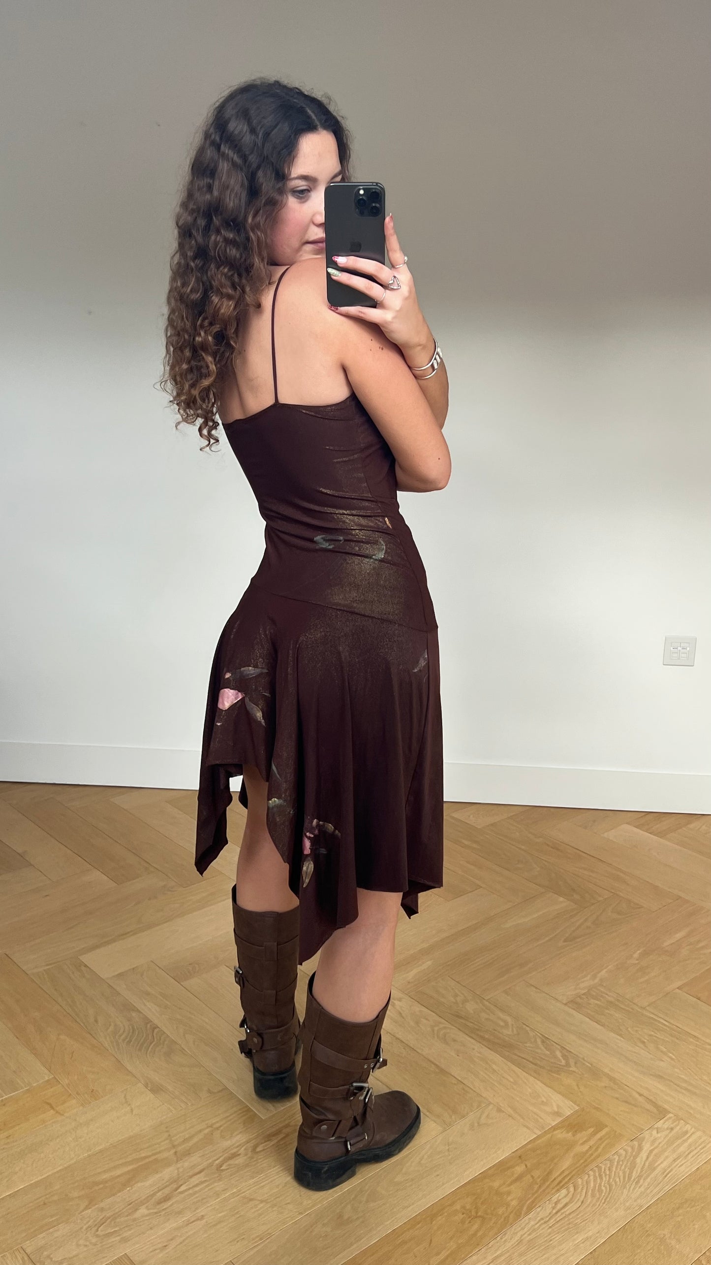 00s brown asymmetric midi dress- size S/M