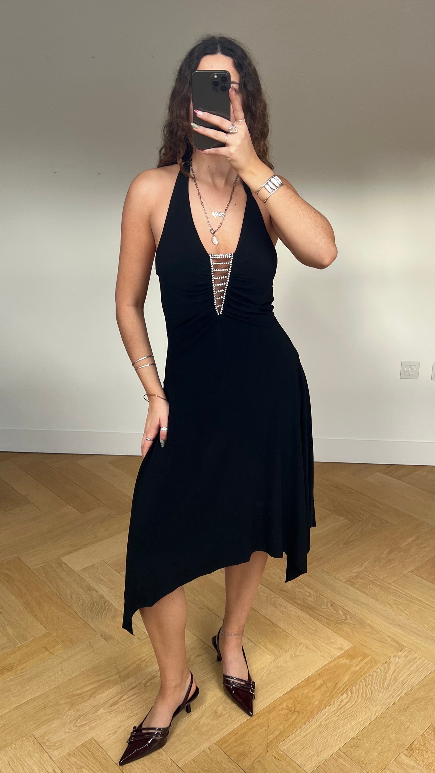 00s black diamanté midi dress- size L