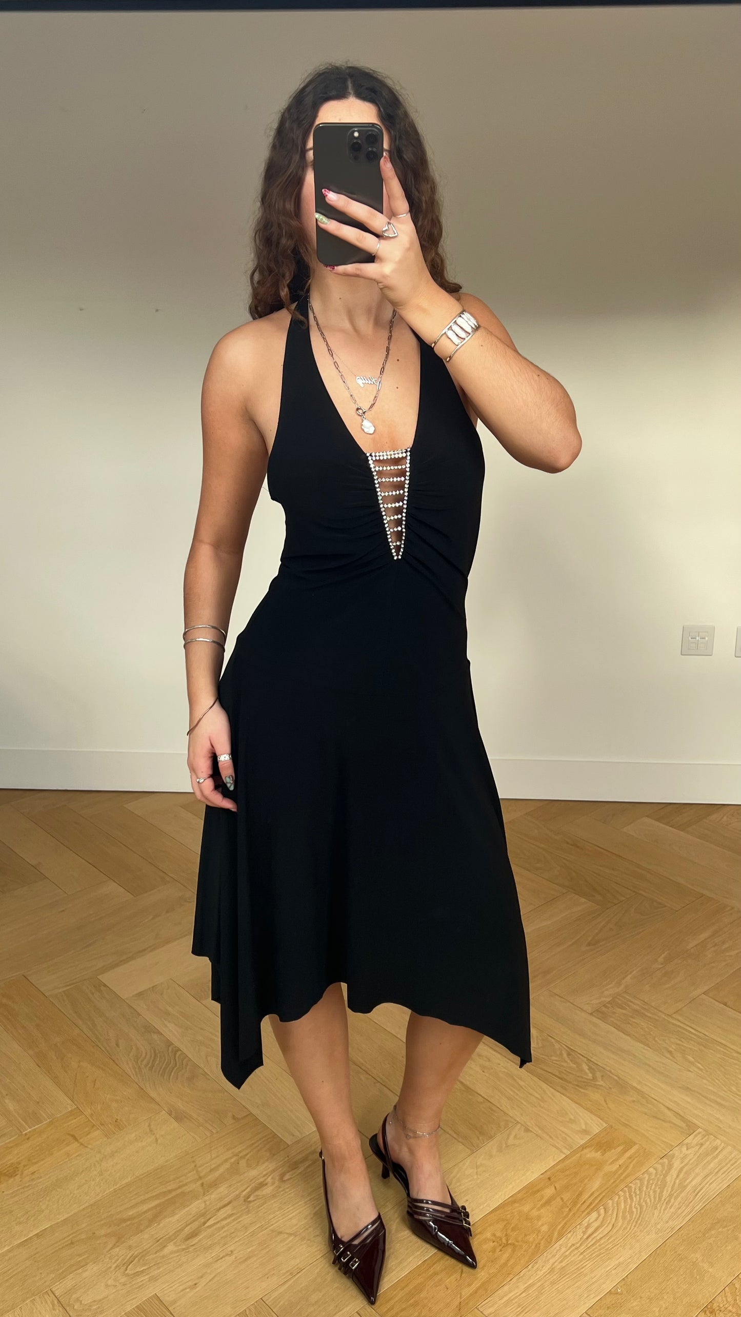 00s black diamanté midi dress- size L