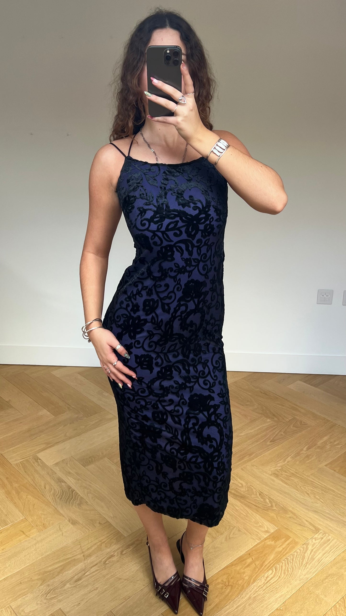 00s purple black velvet maxi dress- size XS