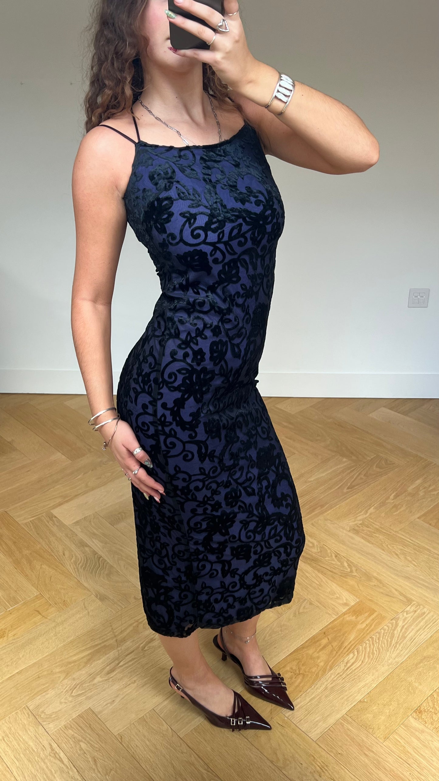 00s purple black velvet maxi dress- size XS