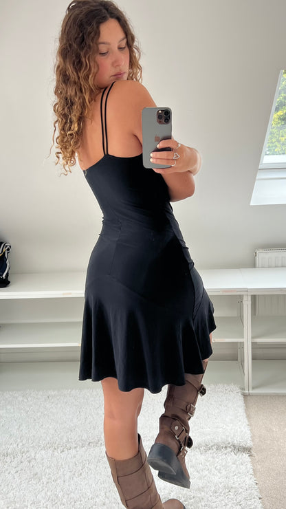 00s black slinky strappy midi dress- size S