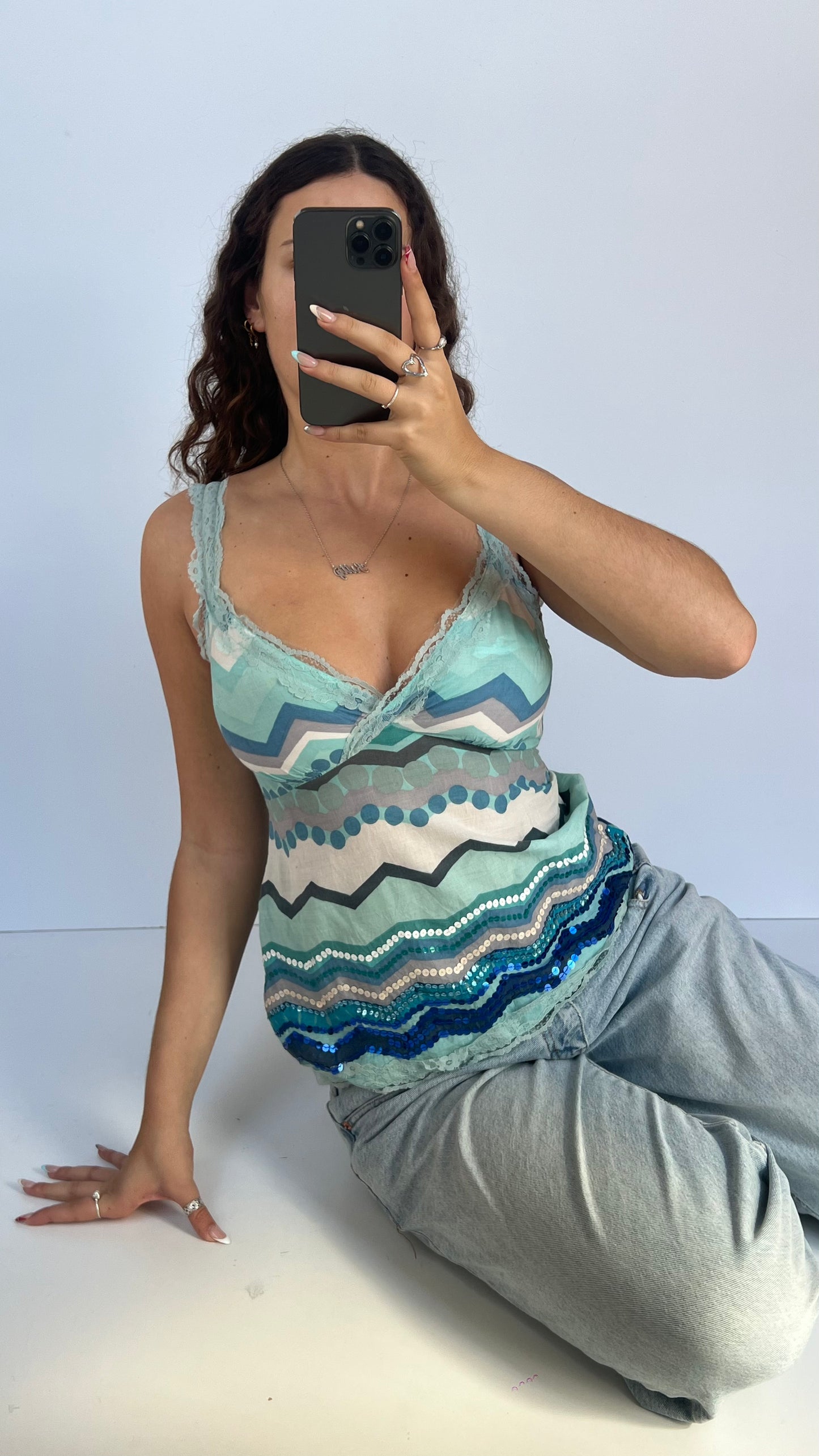 00s cotton blue sequin cami- size M