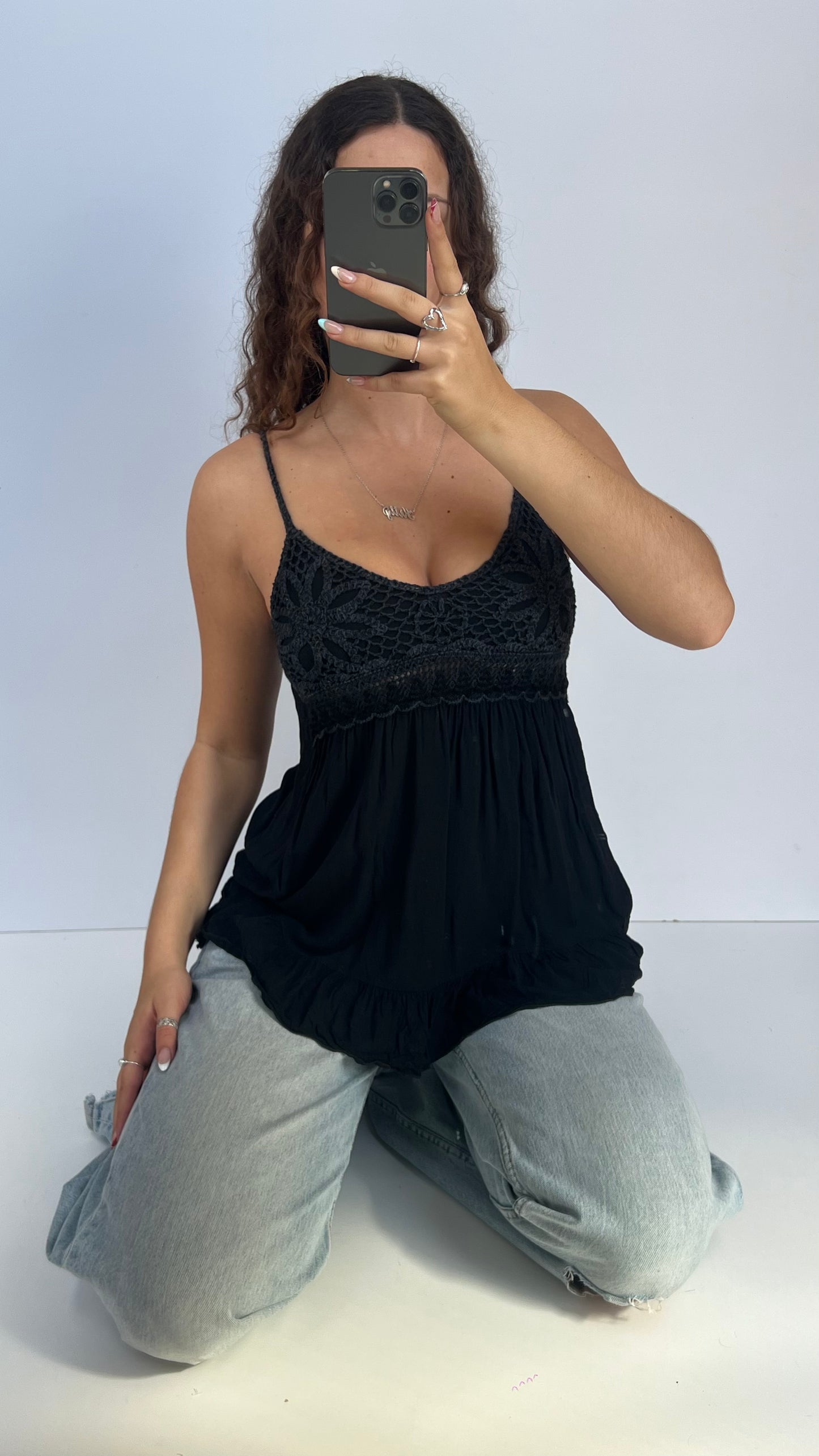 00s black crochet babydoll cami- size M