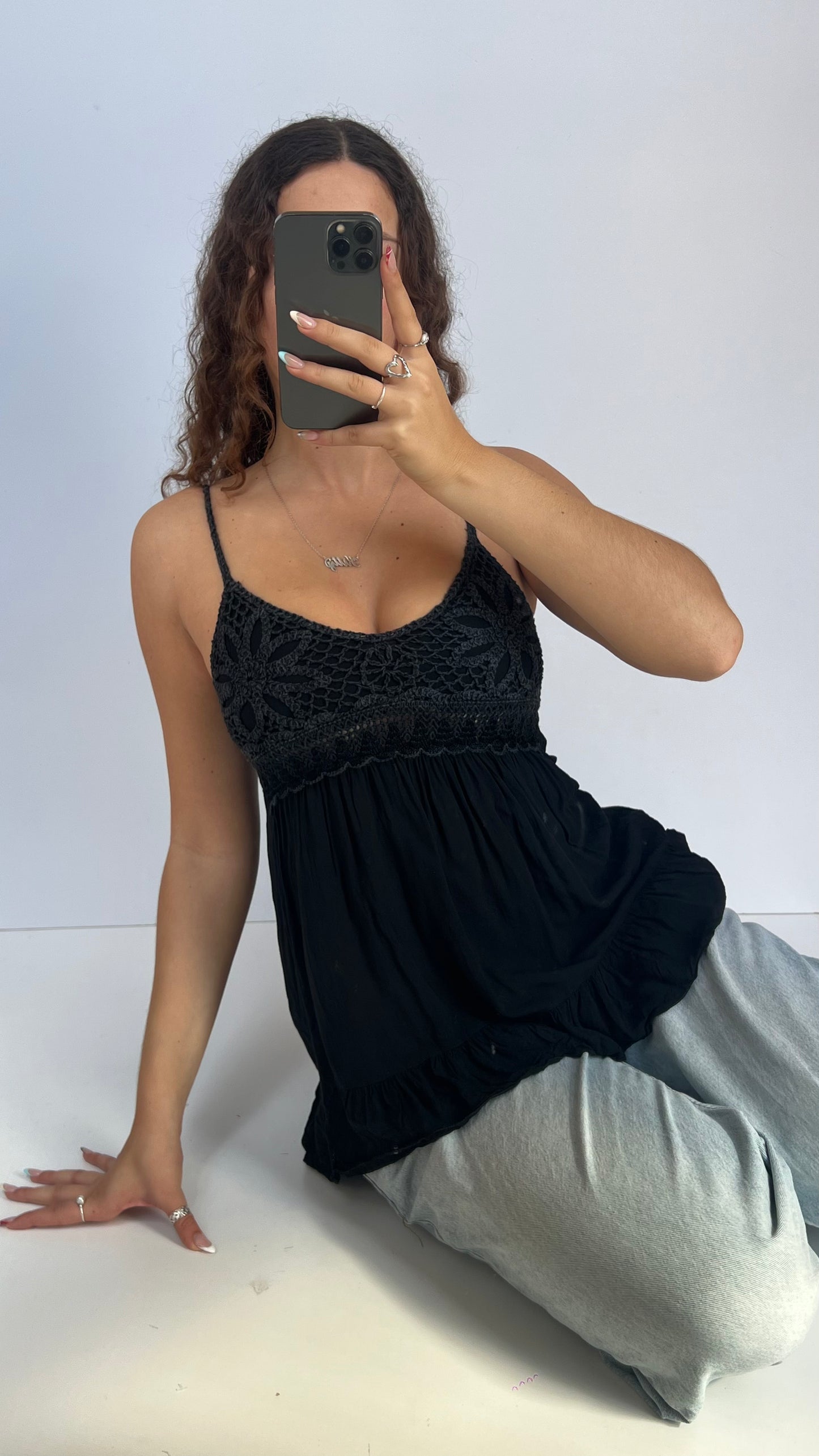 00s black crochet babydoll cami- size M