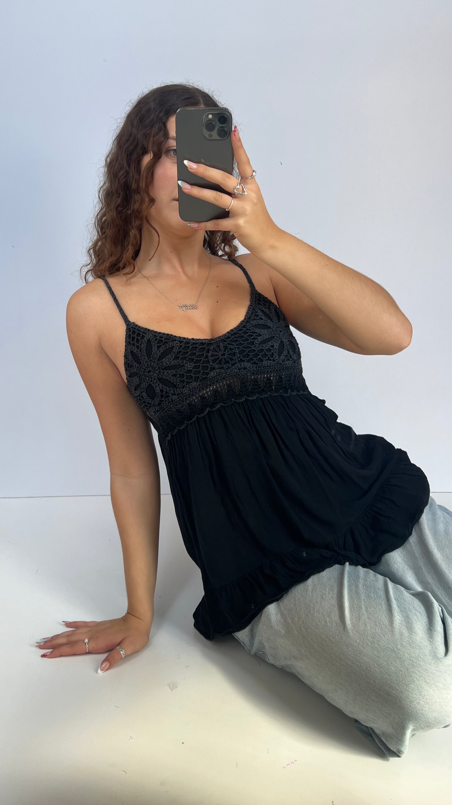 00s black crochet babydoll cami- size M
