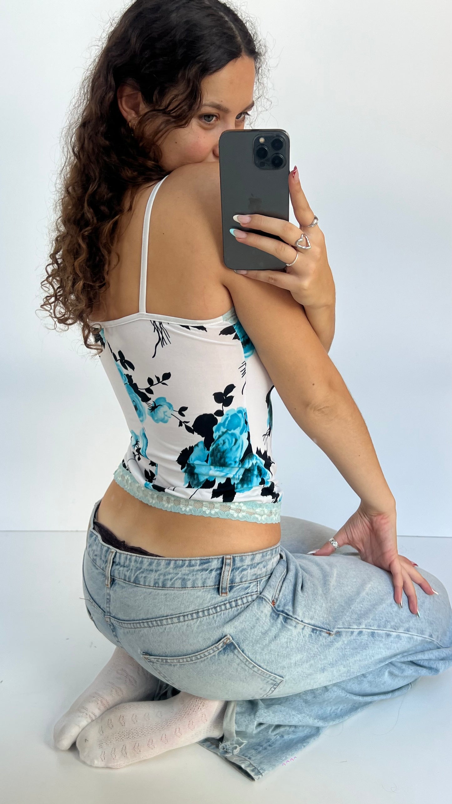 00s white blue floral cami- size S