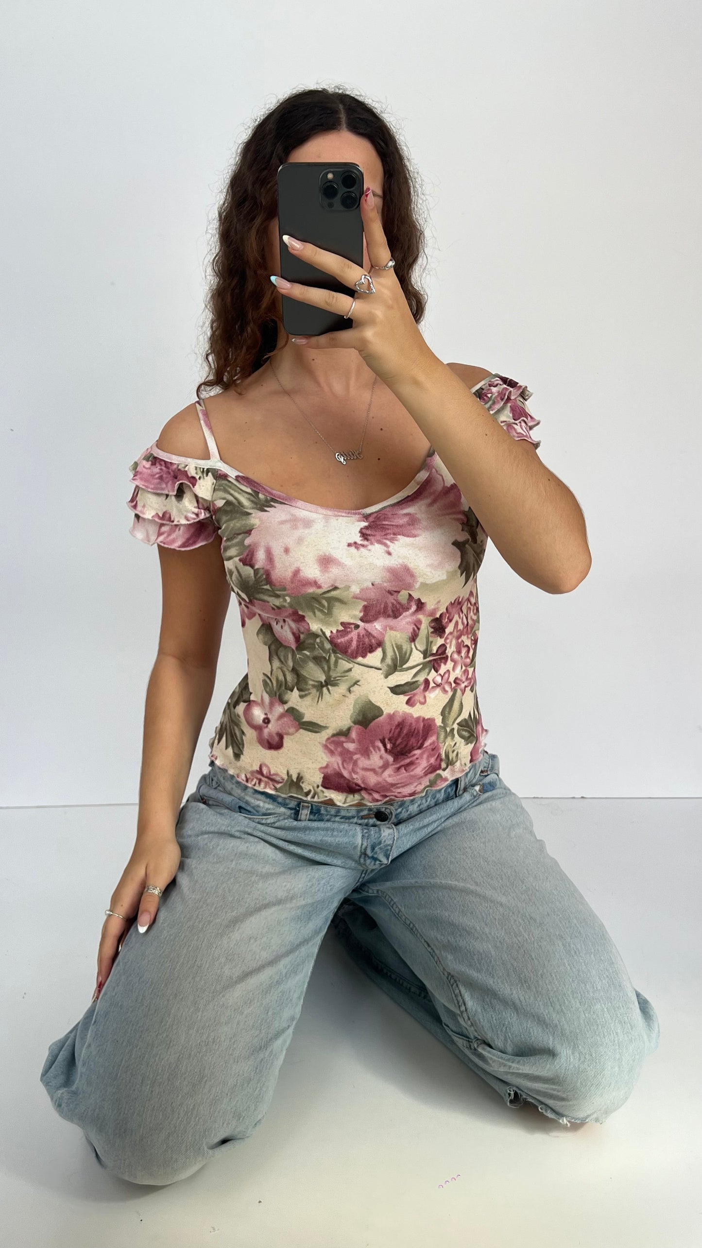 00s pink floral mesh top- size M