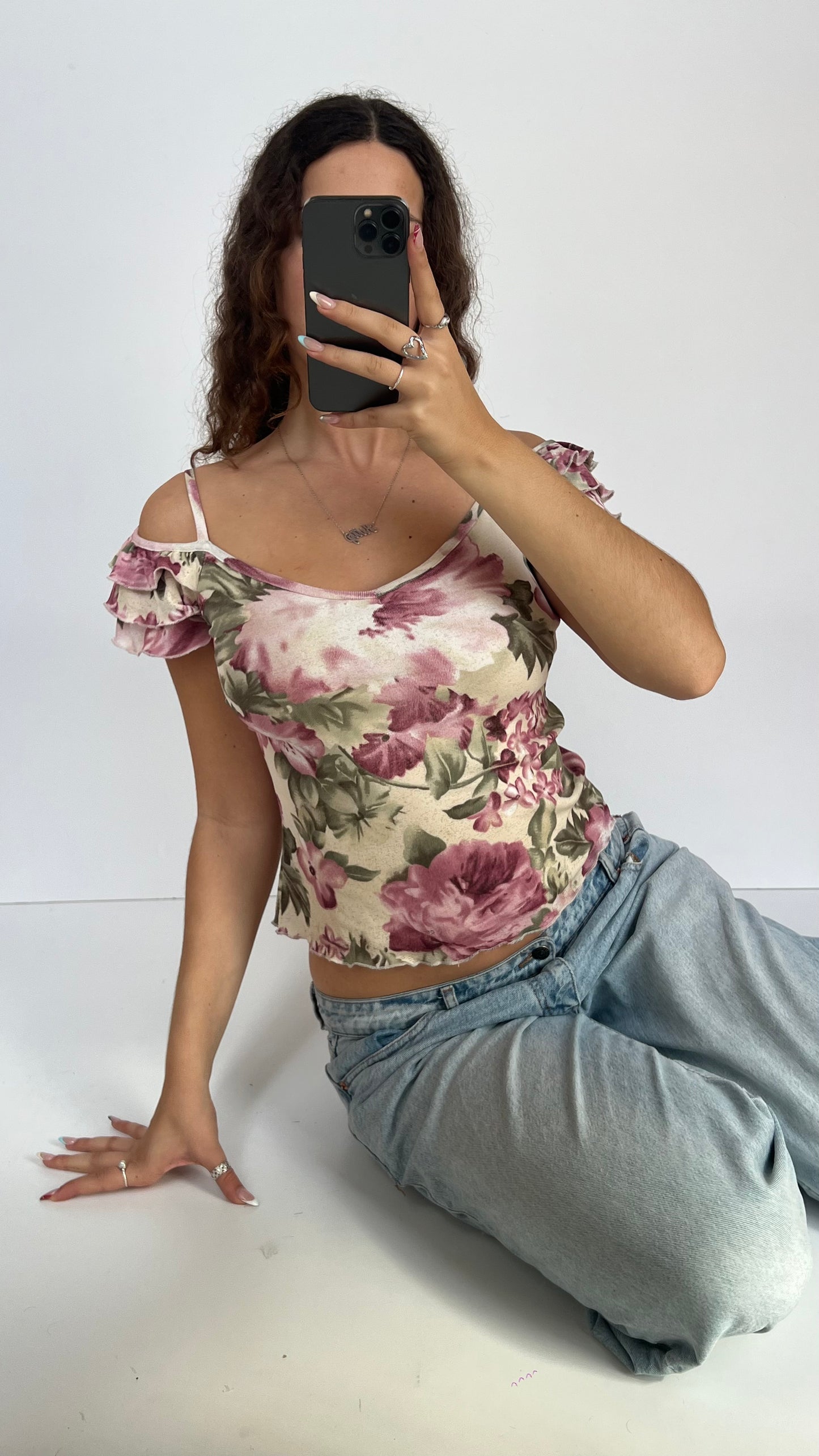 00s pink floral mesh top- size M