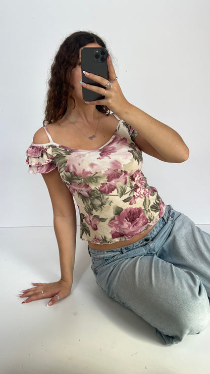 00s pink floral mesh top- size M