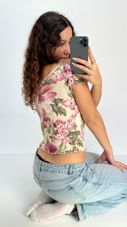 00s pink floral mesh top- size M