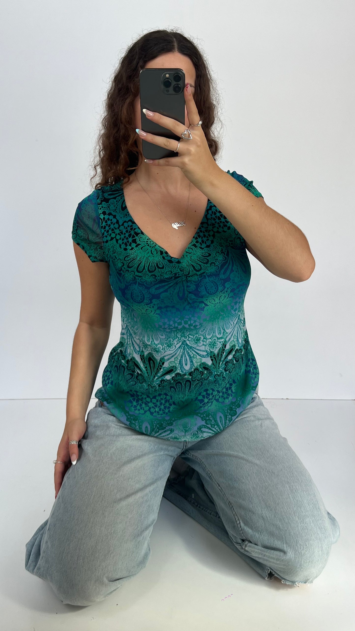 00s blue mesh babydoll top- size M