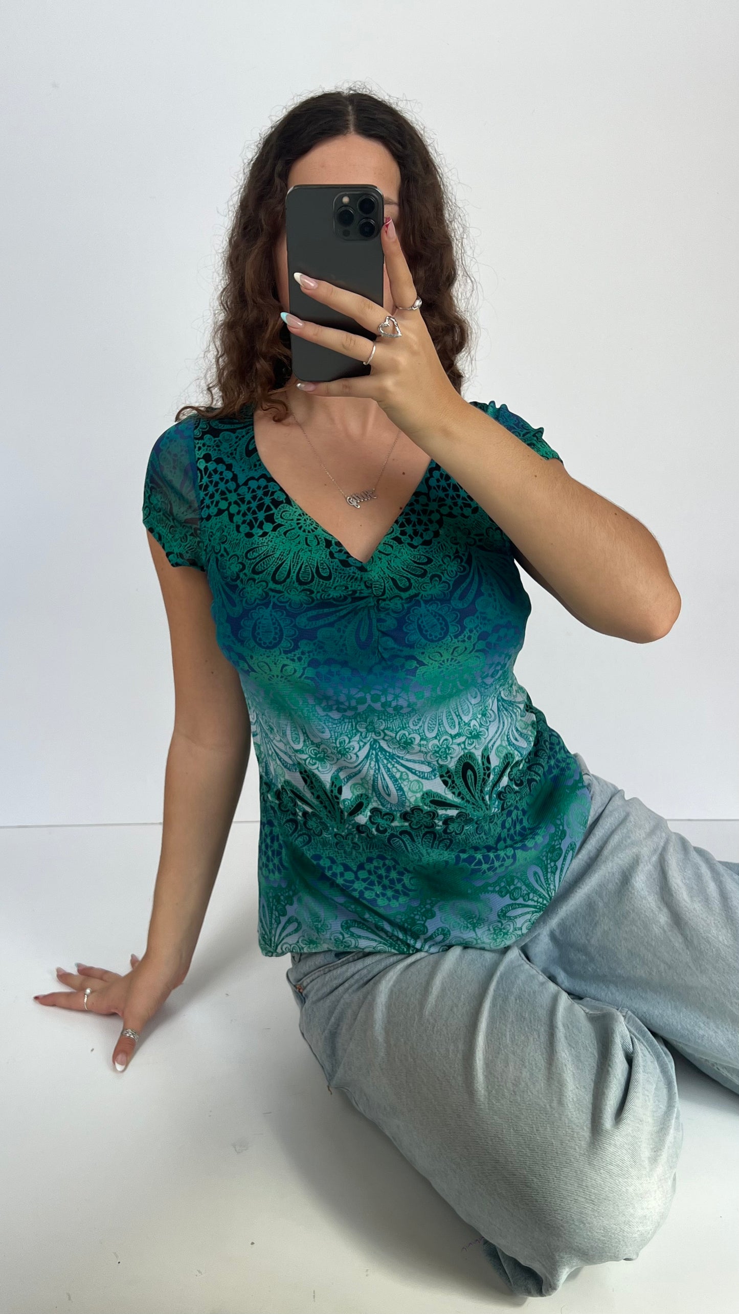 00s blue mesh babydoll top- size M