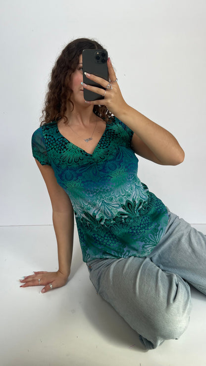 00s blue mesh babydoll top- size M