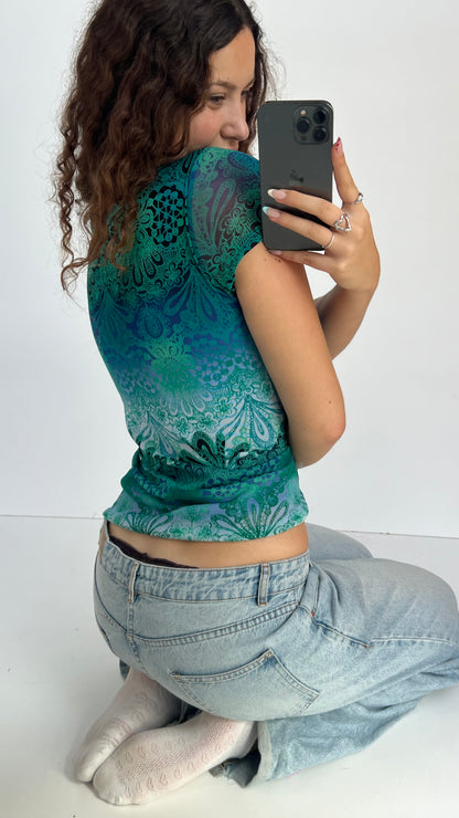00s blue mesh babydoll top- size M