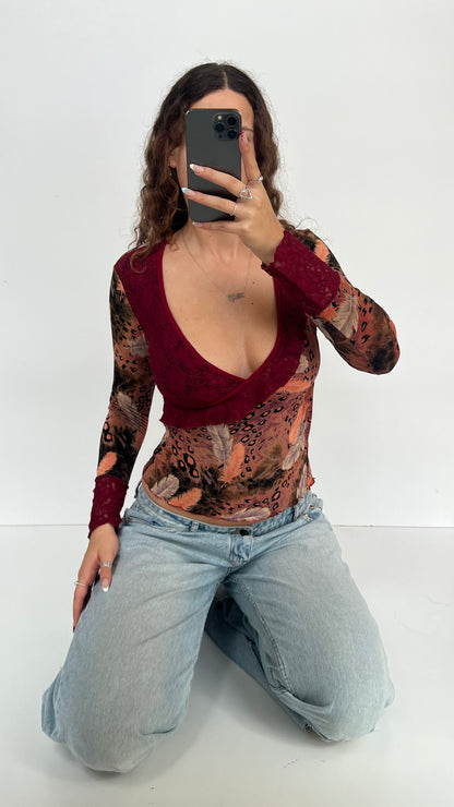 00s red lace leopard top- size S