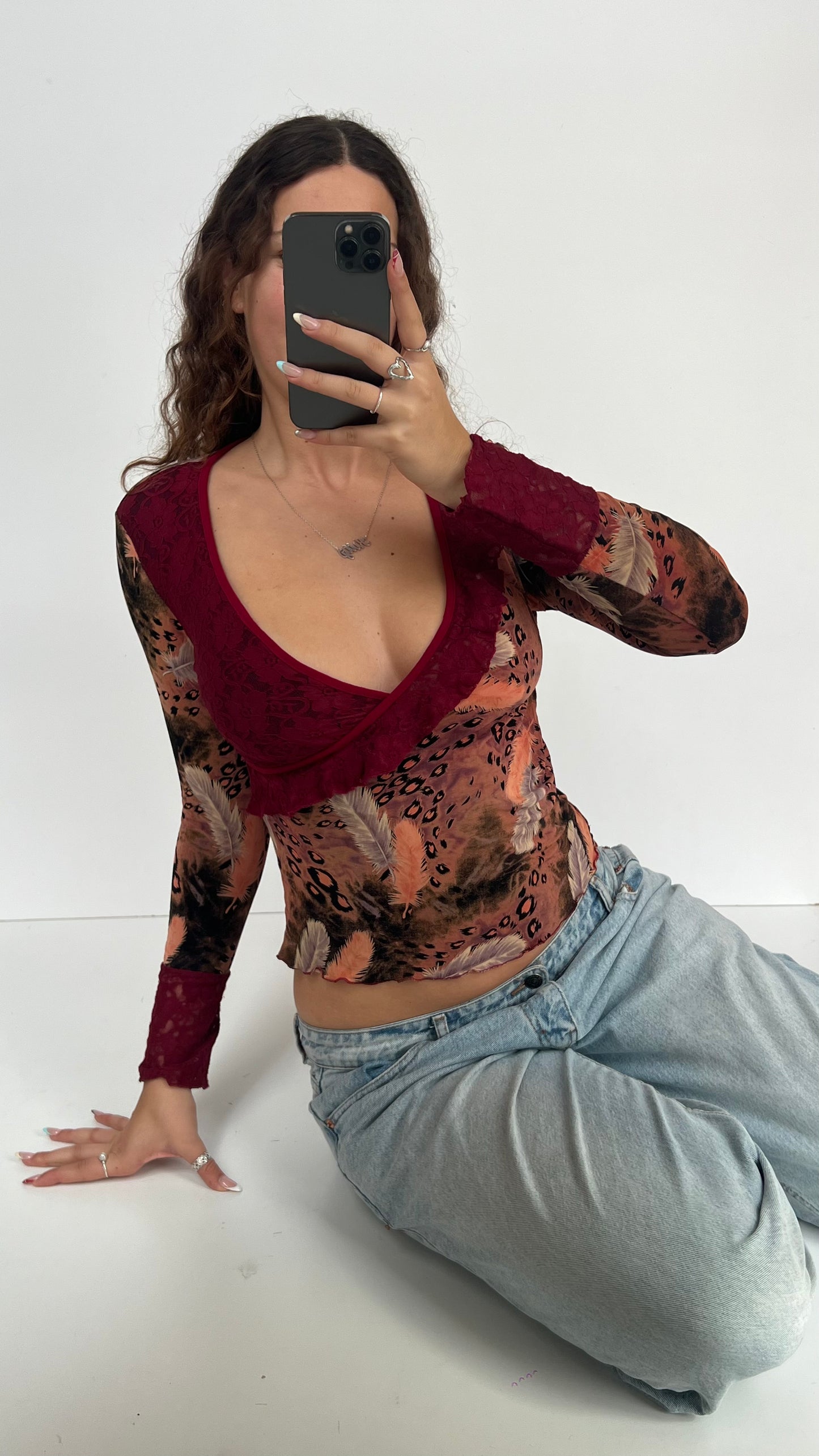 00s red lace leopard top- size S