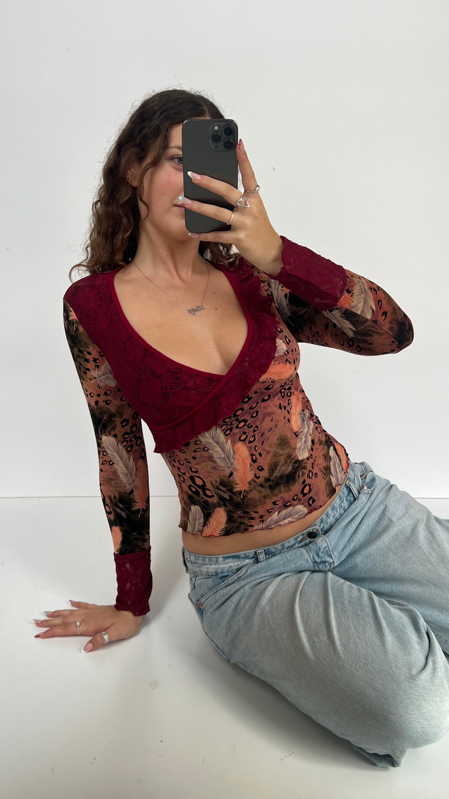 00s red lace leopard top- size S