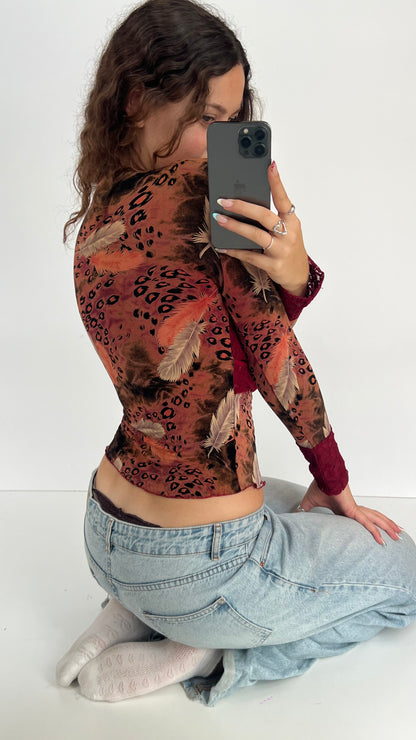 00s red lace leopard top- size S