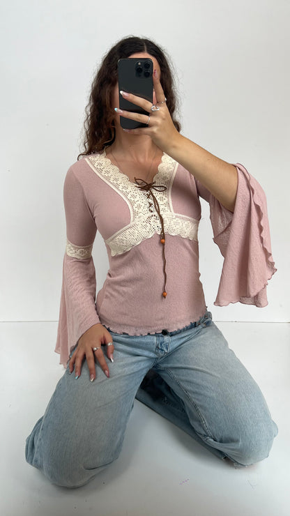 00s pink mesh crochet top- size S