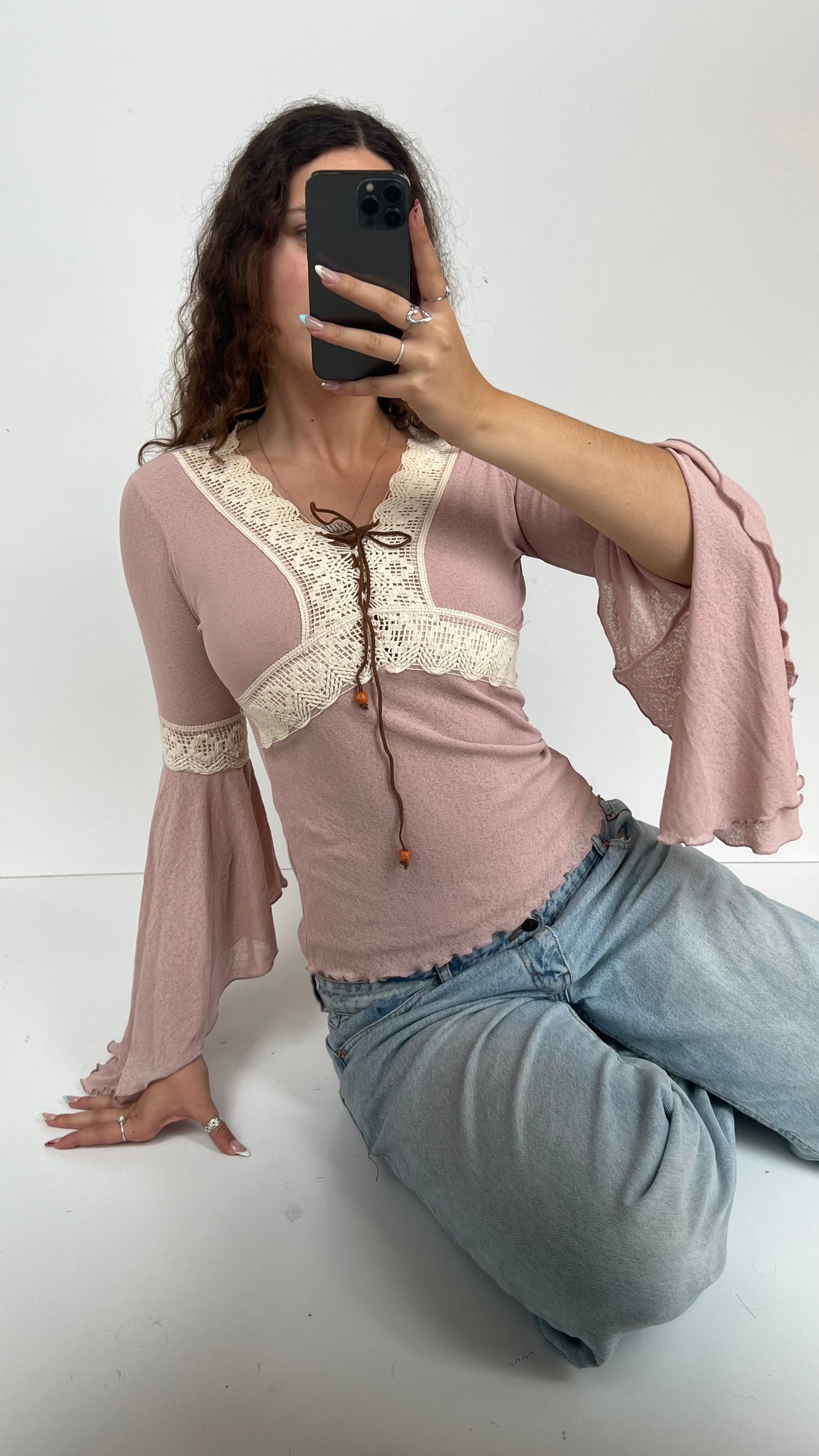 00s pink mesh crochet top- size S