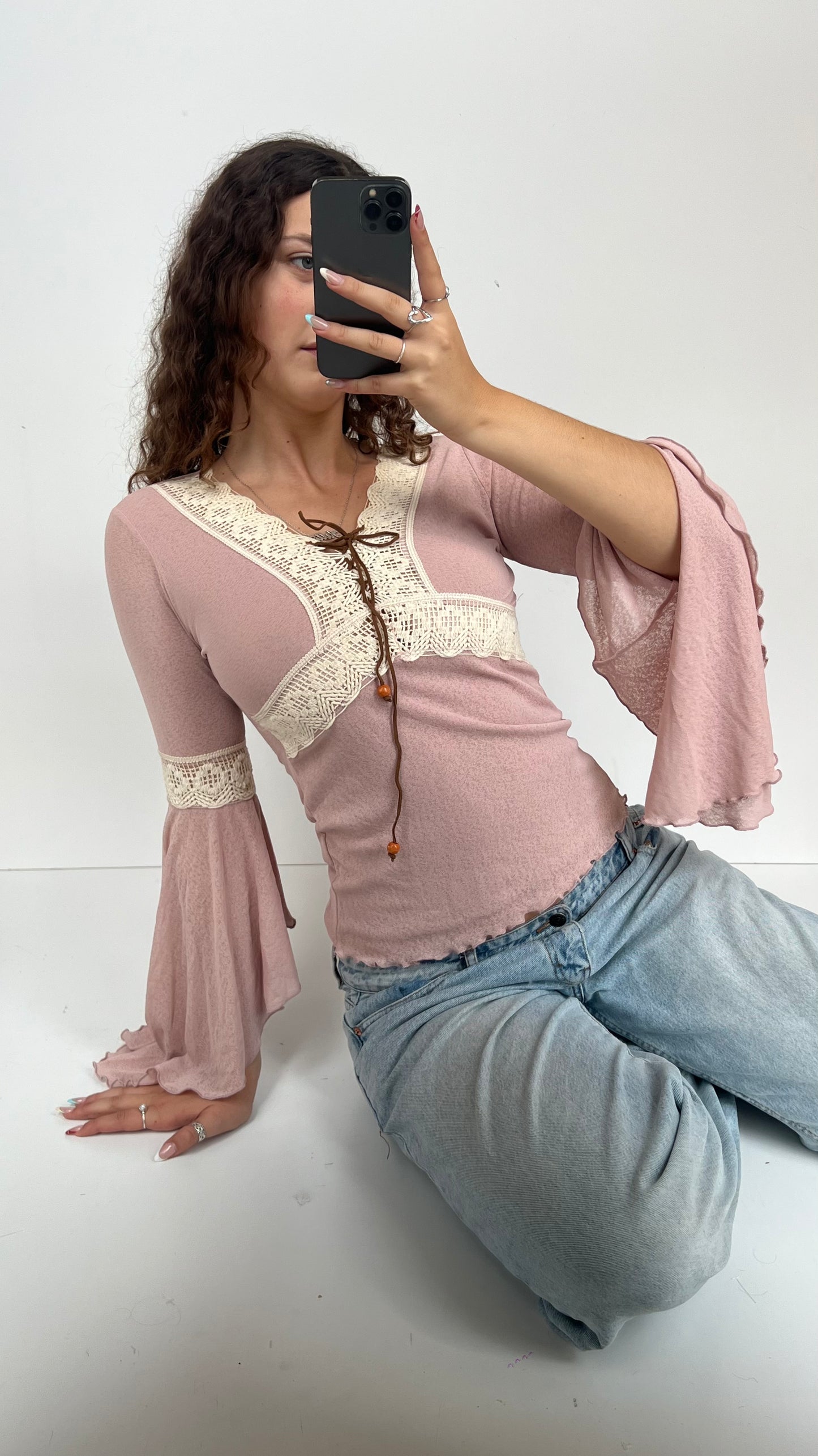 00s pink mesh crochet top- size S