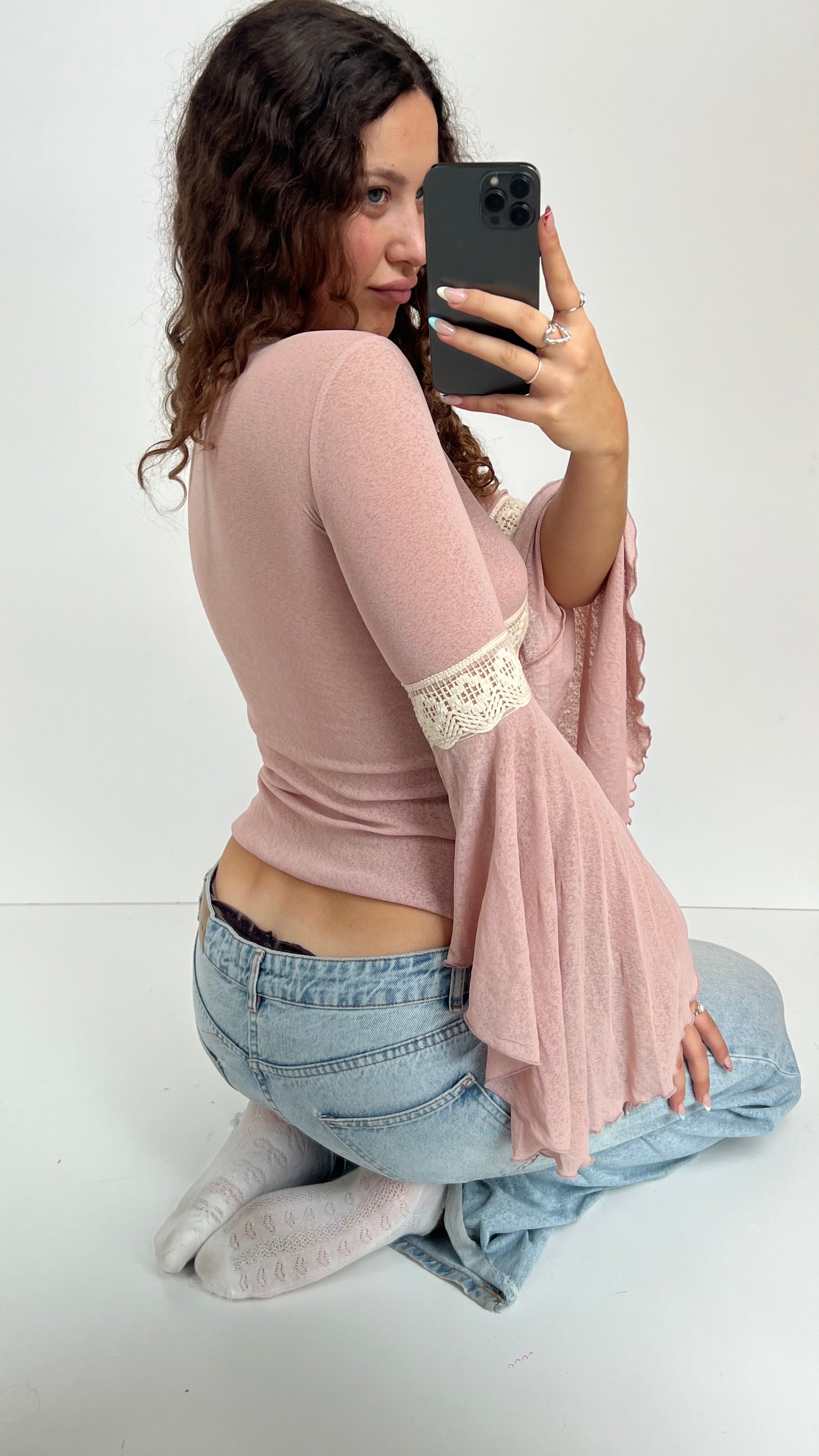 00s pink mesh crochet top- size S