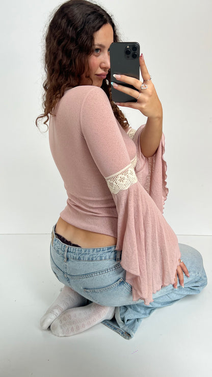 00s pink mesh crochet top- size S