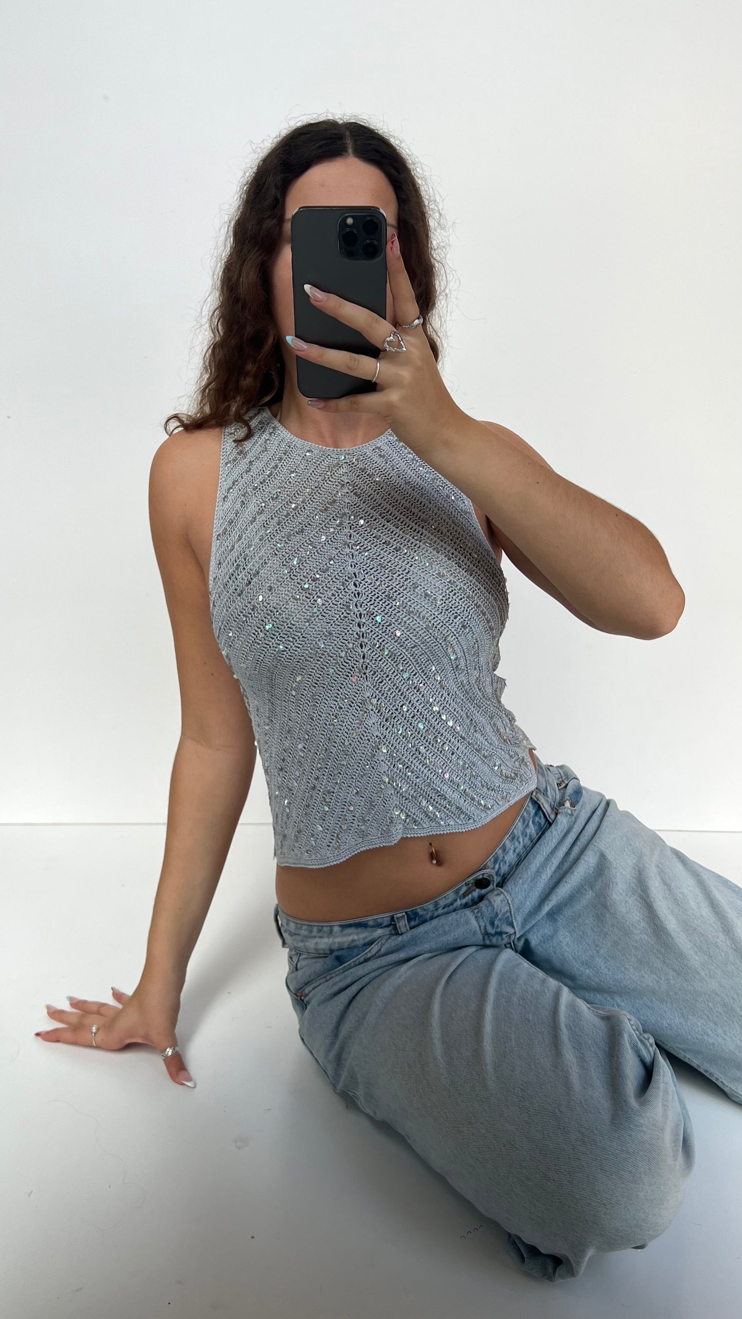 00s blue crochet sequin tank top- size M