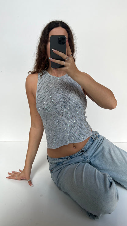 00s blue crochet sequin tank top- size M