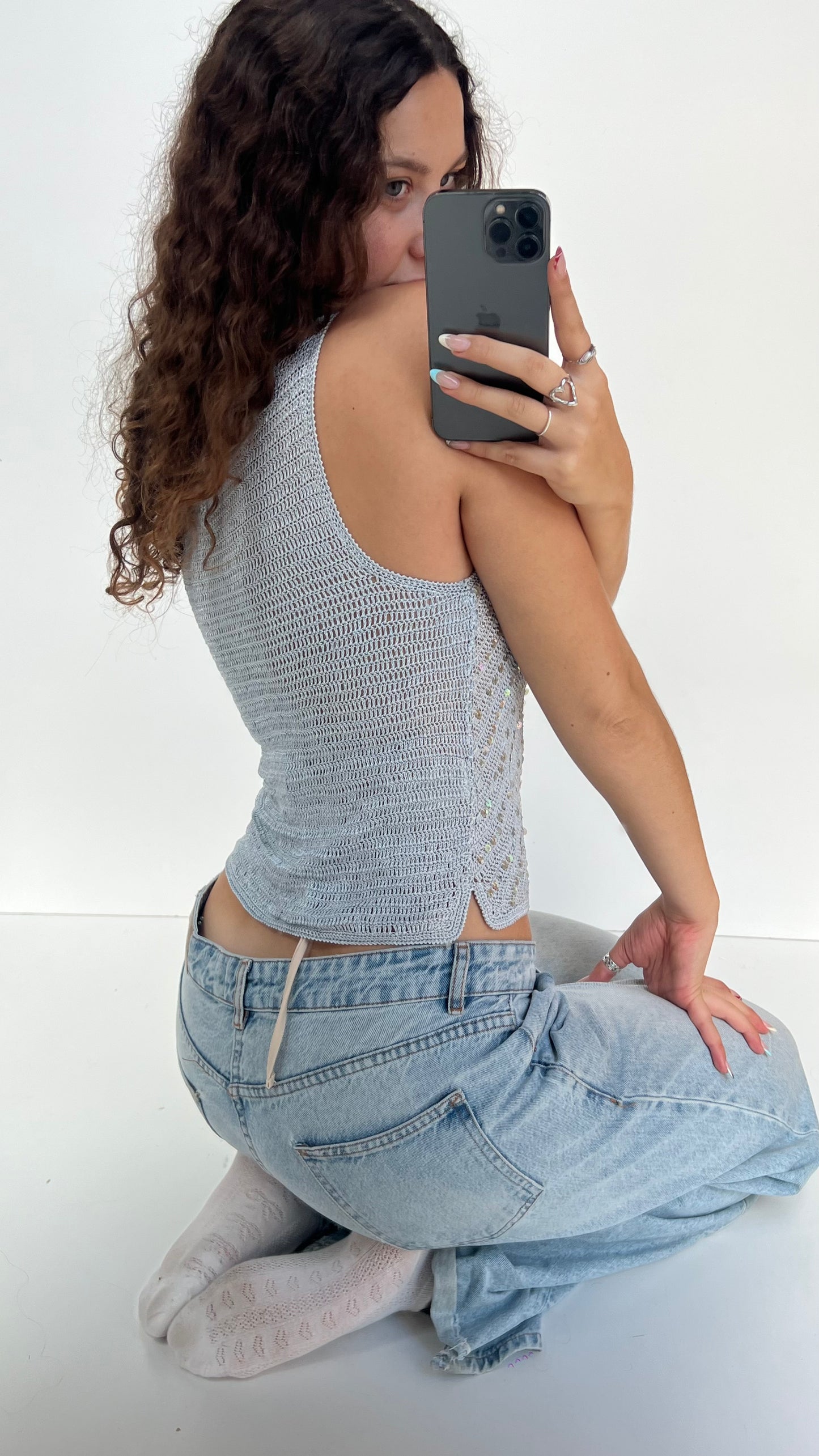 00s blue crochet sequin tank top- size M
