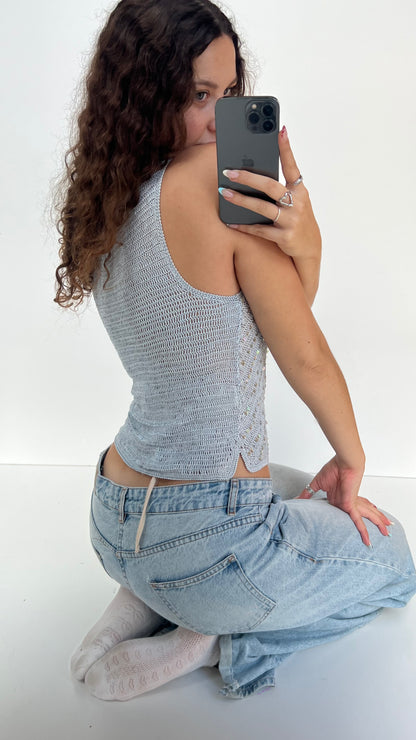 00s blue crochet sequin tank top- size M