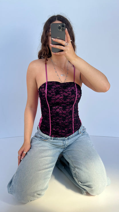 00s pink black lace cami- size XS