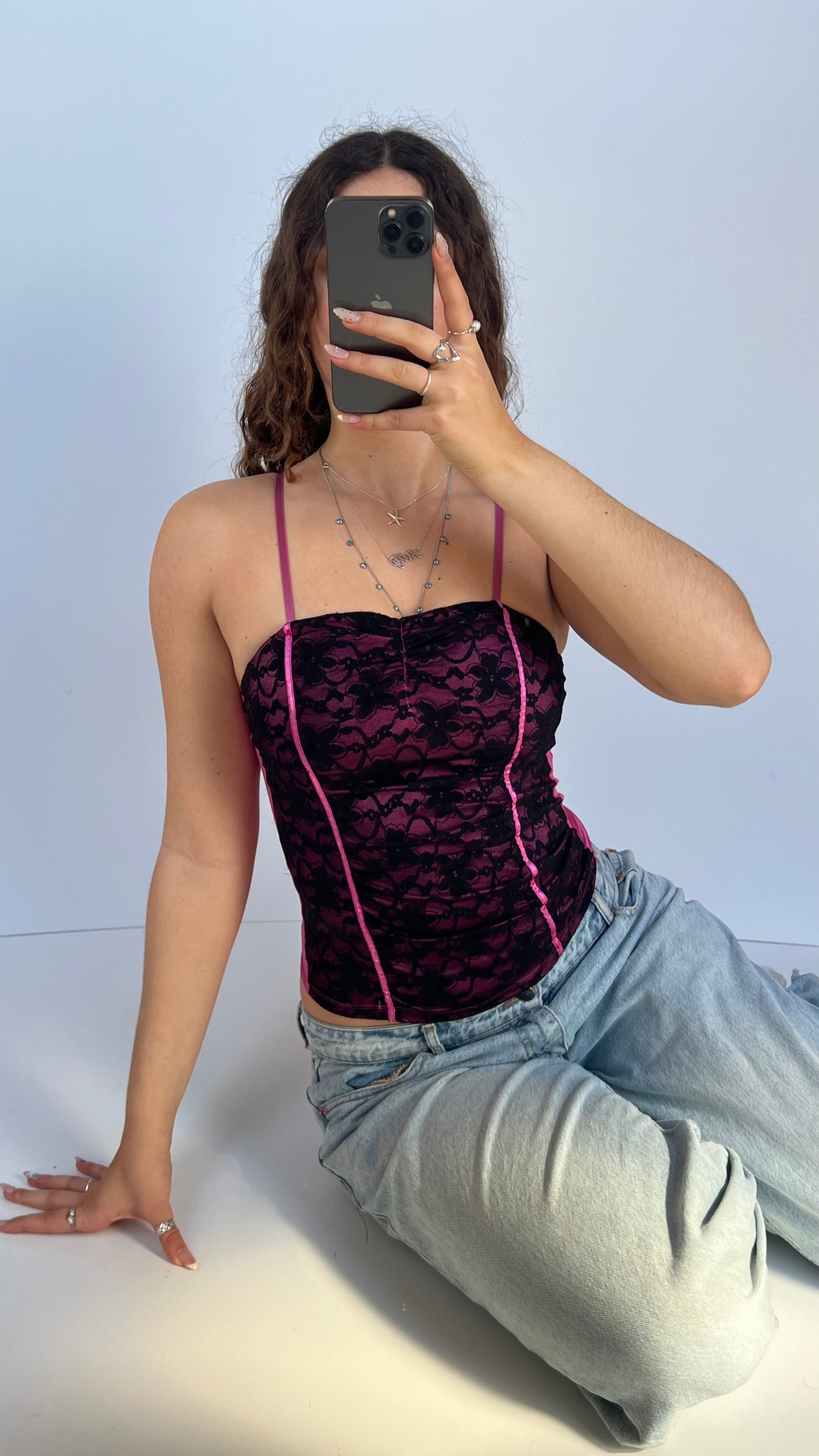 00s pink black lace cami- size XS