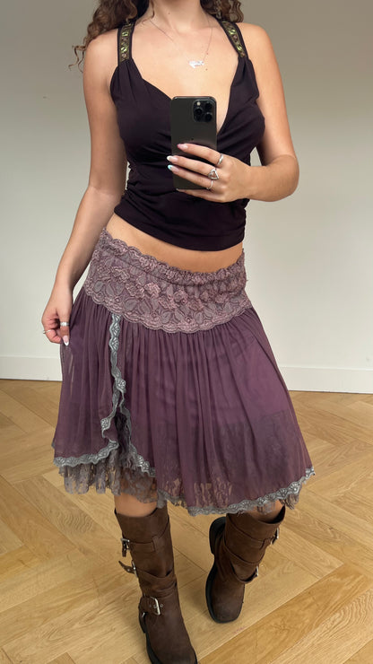 00s purple mesh lace midi skirt- size M