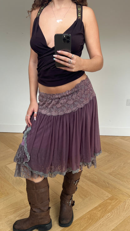 00s purple mesh lace midi skirt- size M