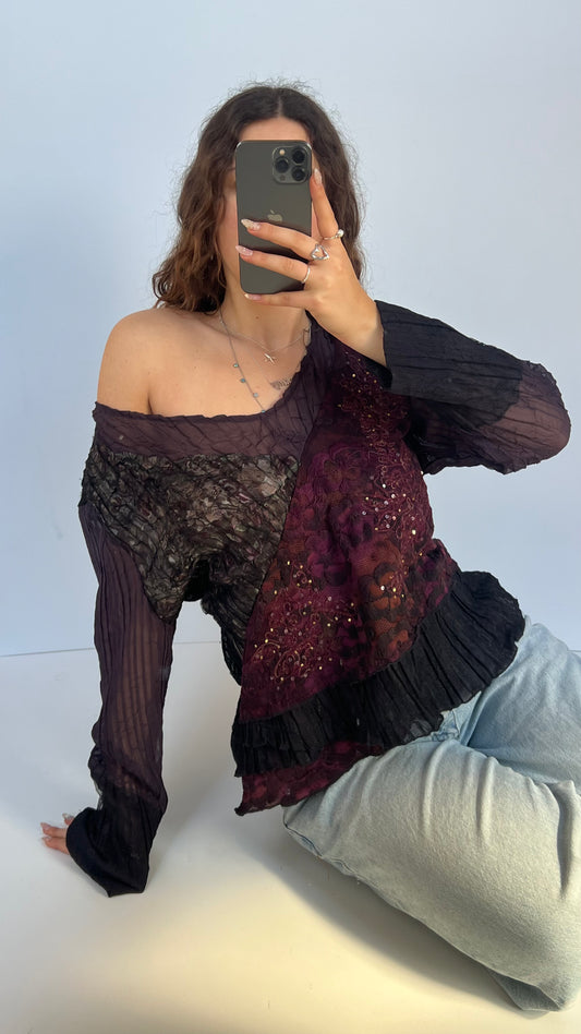 00s burgundy lace long sleeve top- size XL
