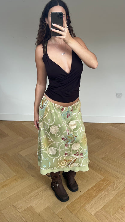 00s green floral midi skirt- size L