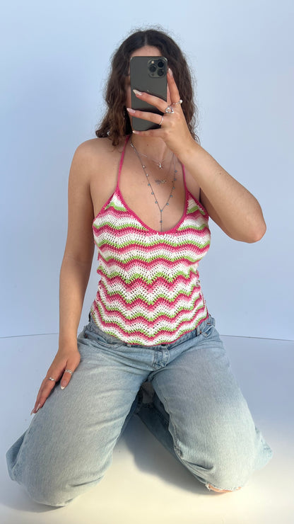 00s pink white crochet cami- size M