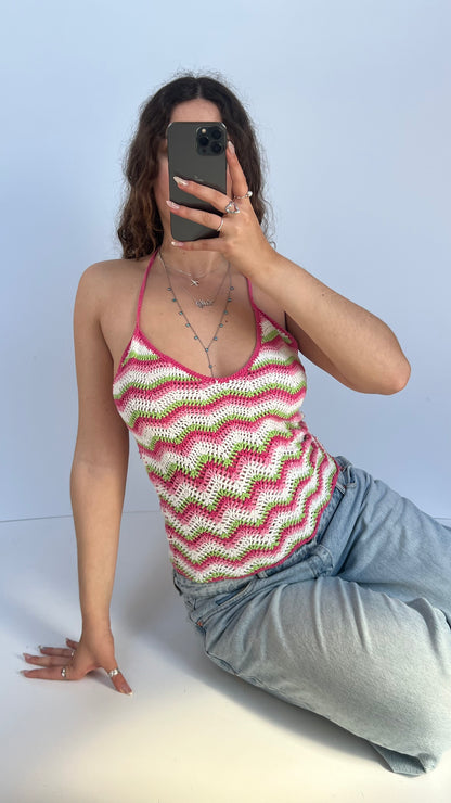 00s pink white crochet cami- size M