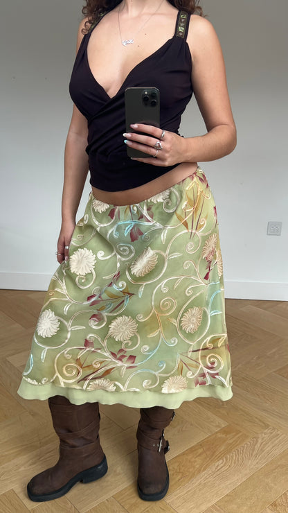 00s green floral midi skirt- size L