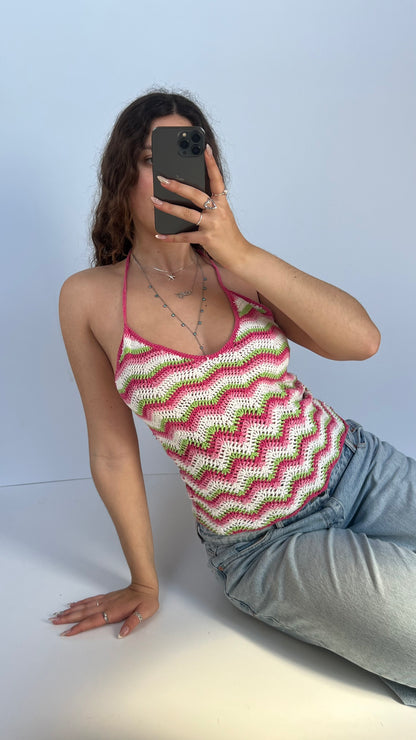 00s pink white crochet cami- size M